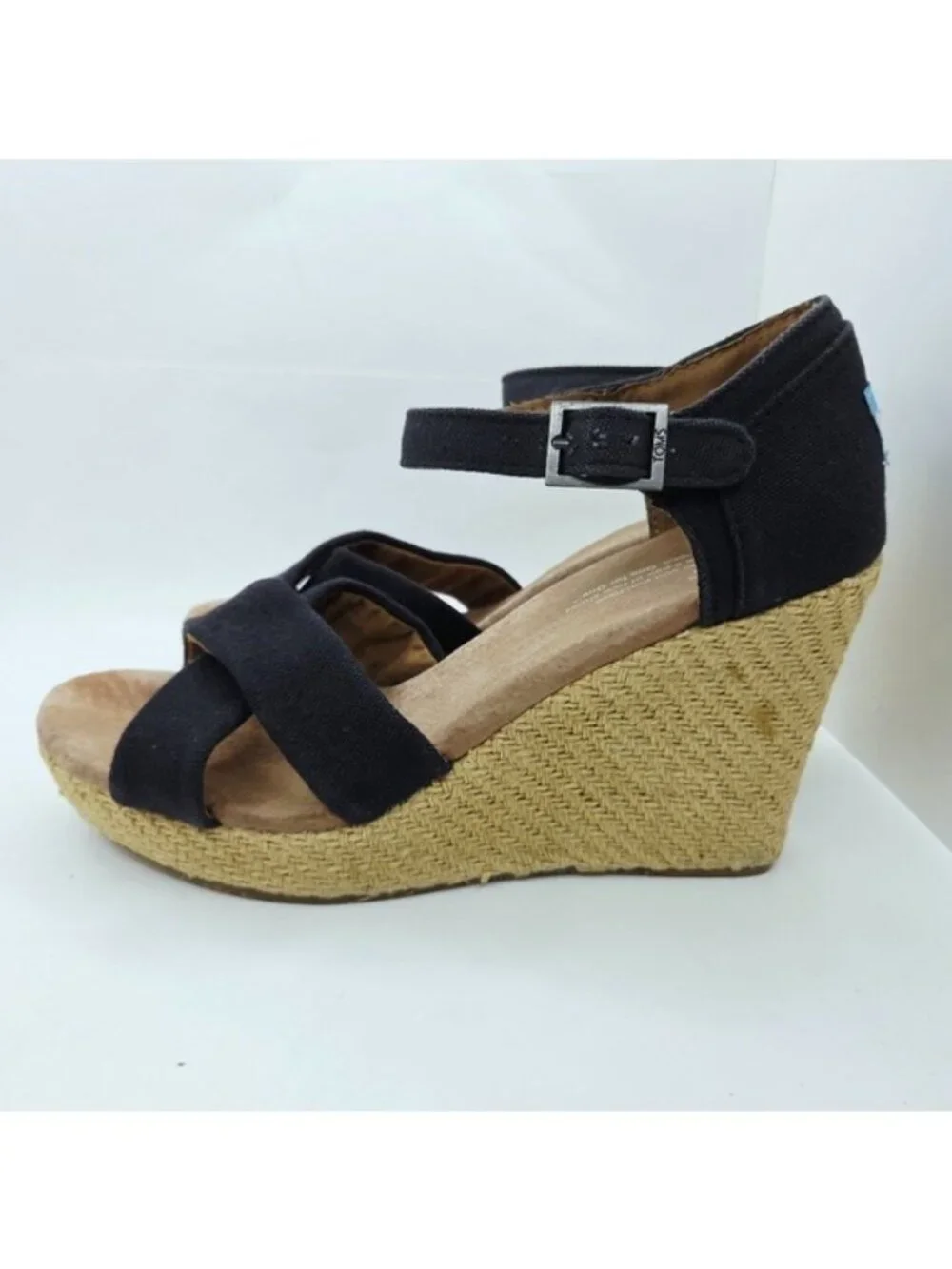 Toms Sienna Black Ankle Strap Espadrille Wedge Sandals Women's Size 9